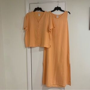 Eileen Fisher 2 Piece Maxi Dress Button Cardigan Set Linen Coastal 90s Size S